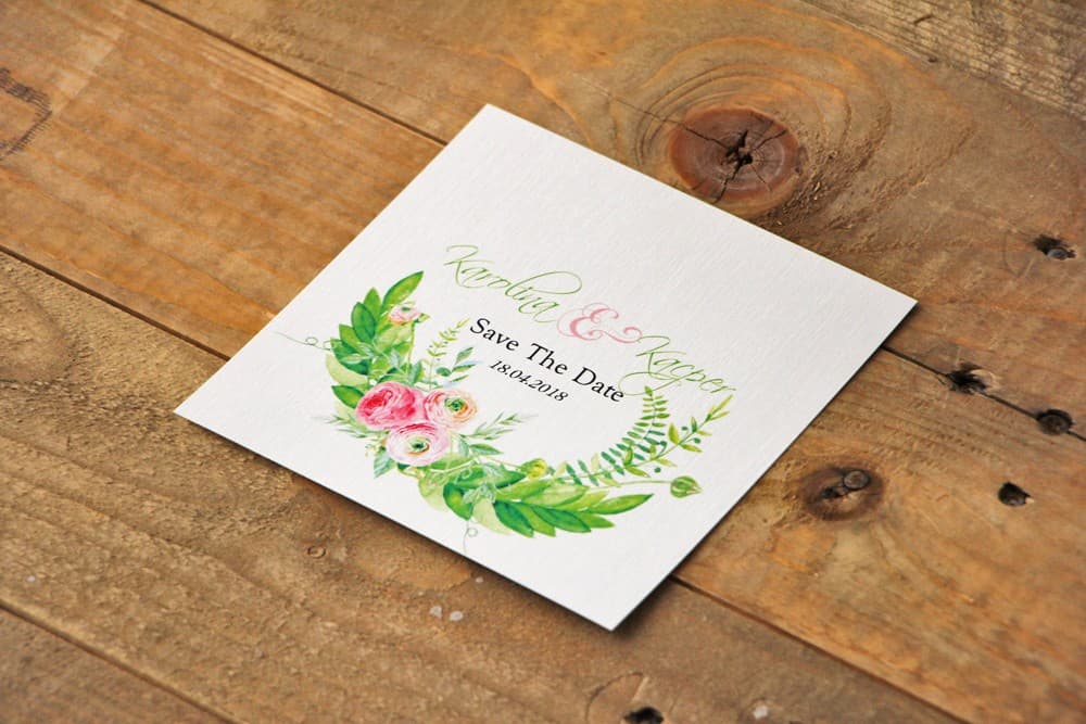 Watercolor Save the Date with Pink Buttercups, Botanical Sprigs | Wedding Announcement Cards | Watercolors No. 22