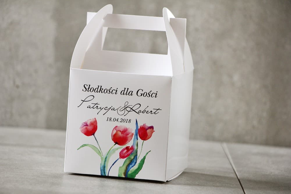 Scatola per Torta Nuziale con Tulipani Rossi e Personalizzazione | Eleganti Ringraziamenti per gli Ospiti | Pistacjowe nr 5