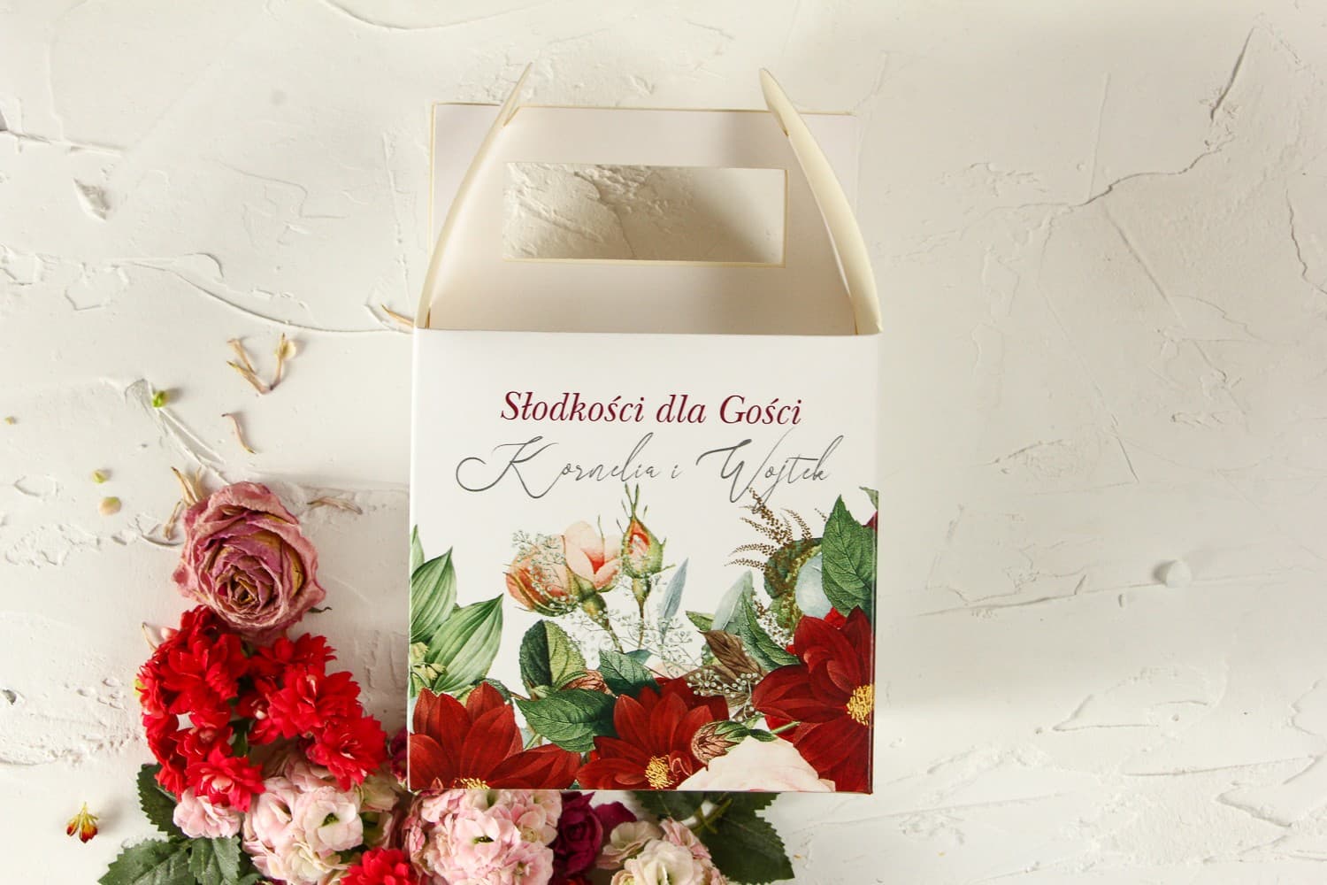 Elegante Scatola per Torta Nuziale con Fiori Rossi | Imballaggi per Ospiti | Wenis n. 3