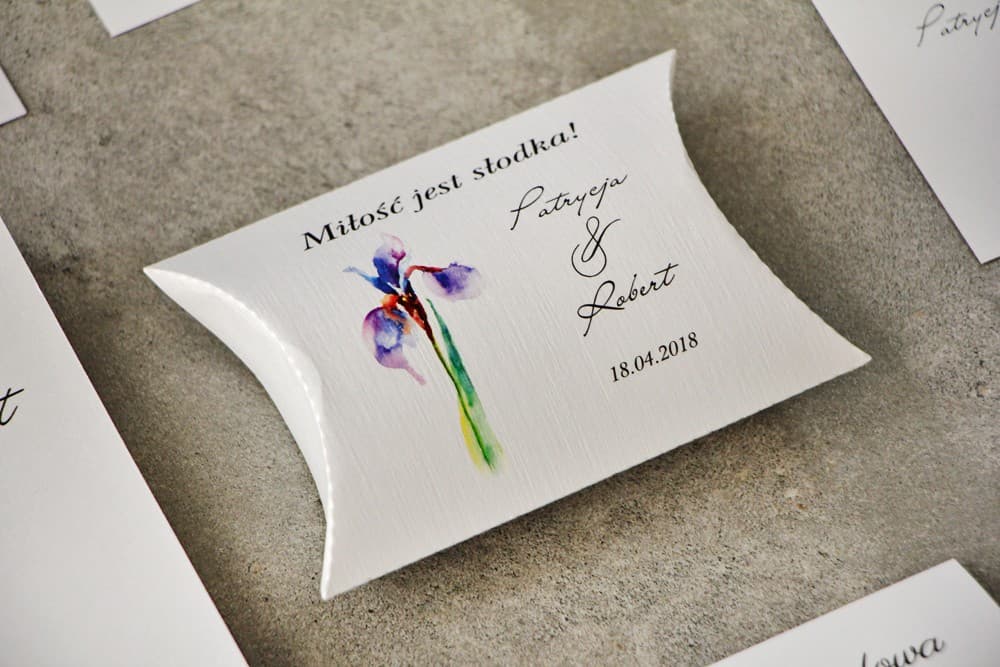 Scatoline a Cuscino con Iris Viola Acquerello | Bomboniere per Ospiti Matrimonio, Segnaposto | Irys nr 10
