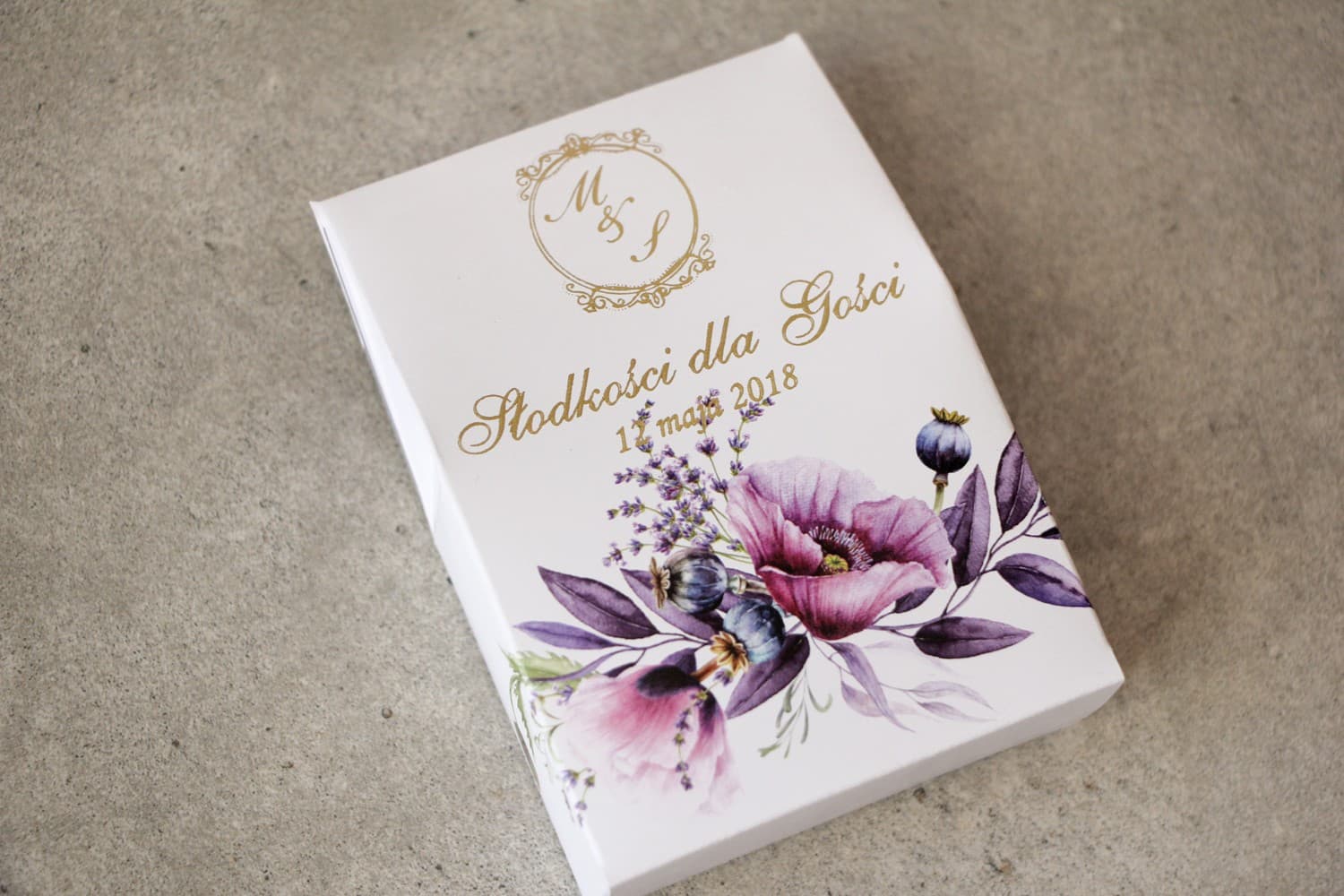 Scatolina nuziale per dolci ospiti matrimonio collezione Sorento n. 15 - con papaveri viola e lavanda