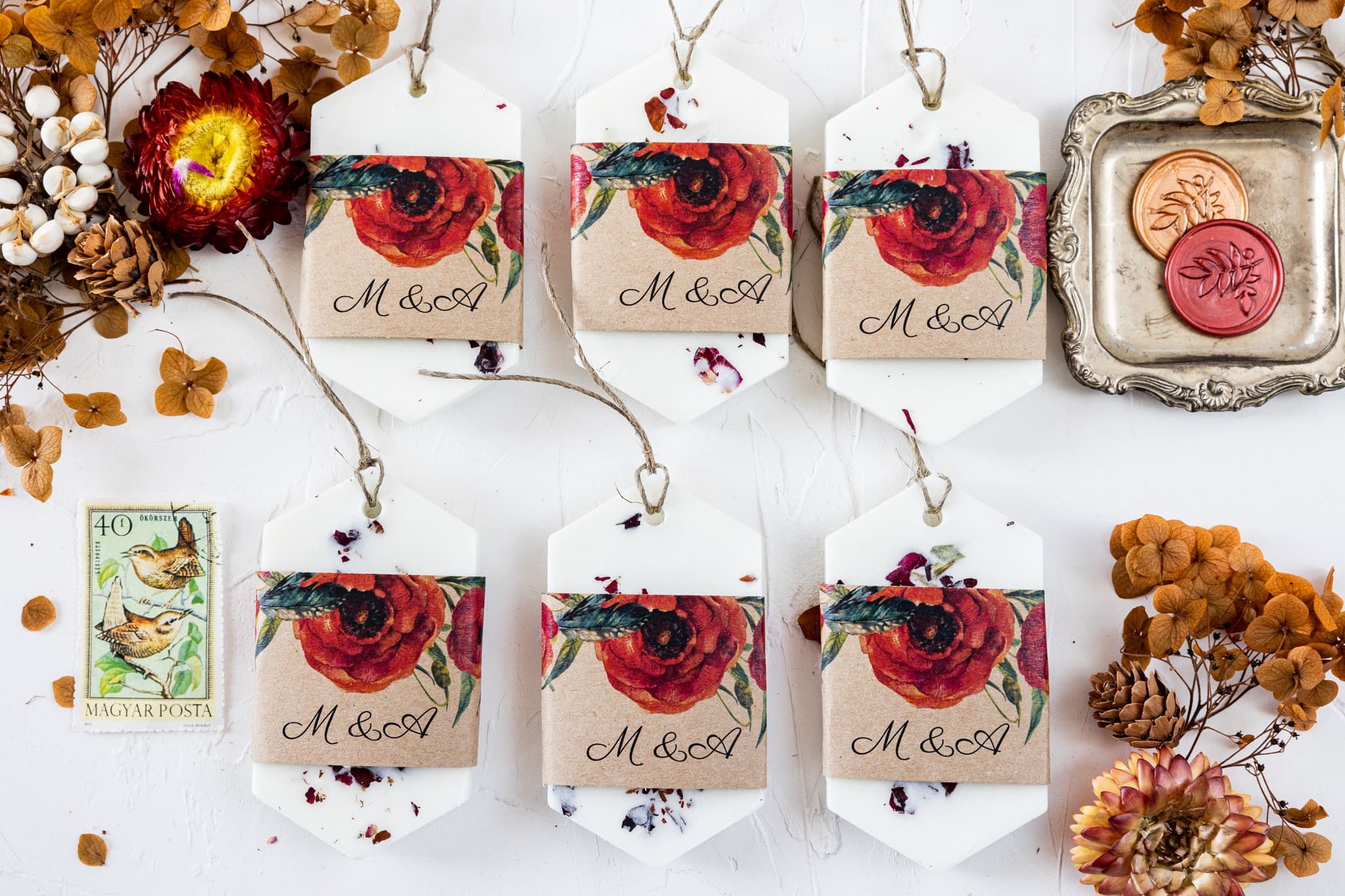 Scented Soy Wax Tablets with Burgundy Flowers, Eco | Wedding Favours | Forest Fruits No. 3 - 3