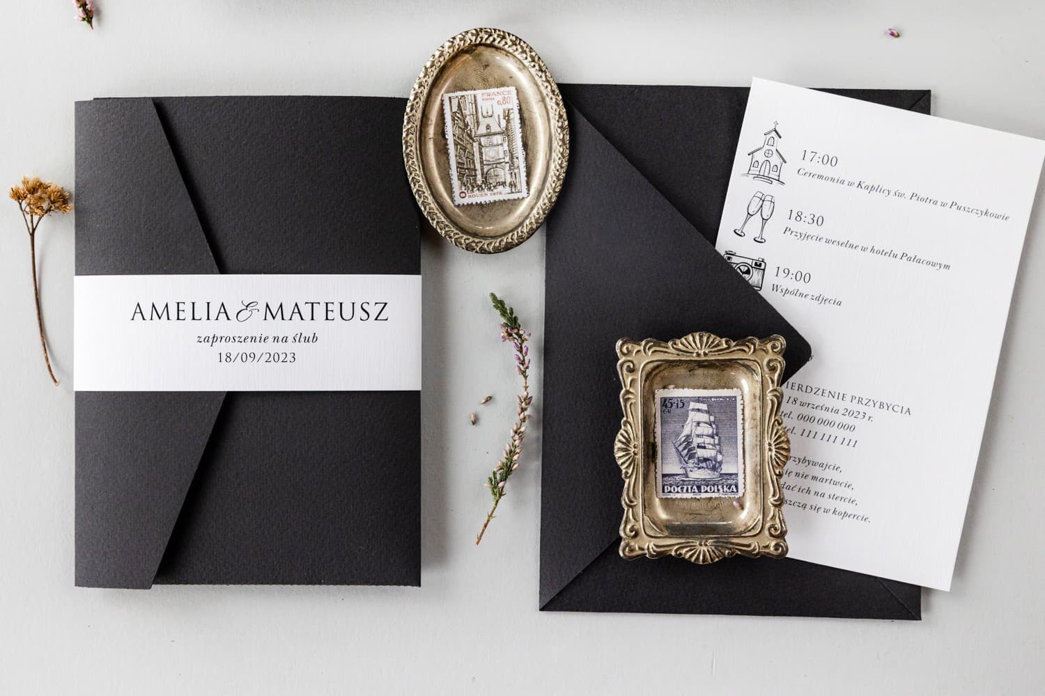 Hochzeitseinladungen Kraft Nr. 8 – Schwarz mit Tasche und Banderole - 8