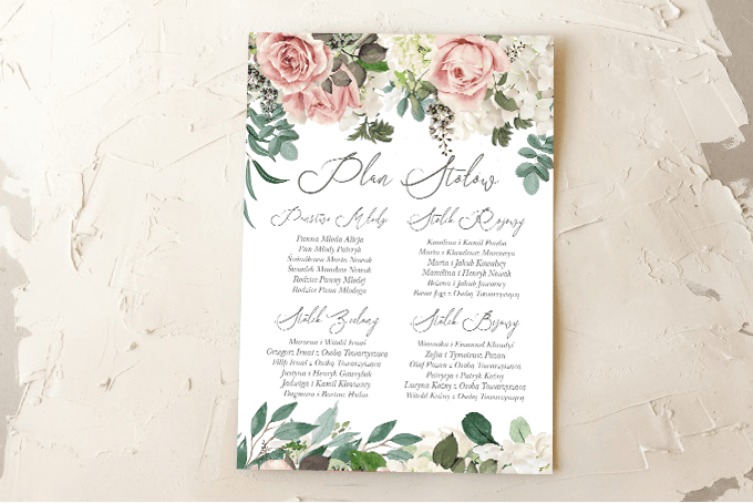 Elegante Seating Plan con Rosas y Hortensias | Distribución de Invitados Floral | Wenis nº 1