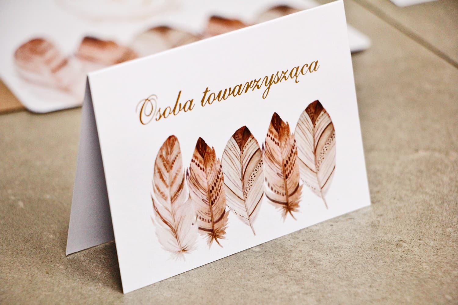 Segnaposto Nuziali Sorento n. 10 – Bigliettini da Tavolo con Motivo Piume Dorate