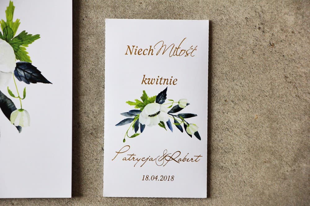 Ringraziamenti matrimonio con doratura, anemoni bianchi, blu navy e verde - Semi Cykade n. 3