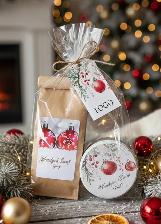 Set navideño de negocios con logo personalizado, que contiene té en bolsa y vela artesanal.