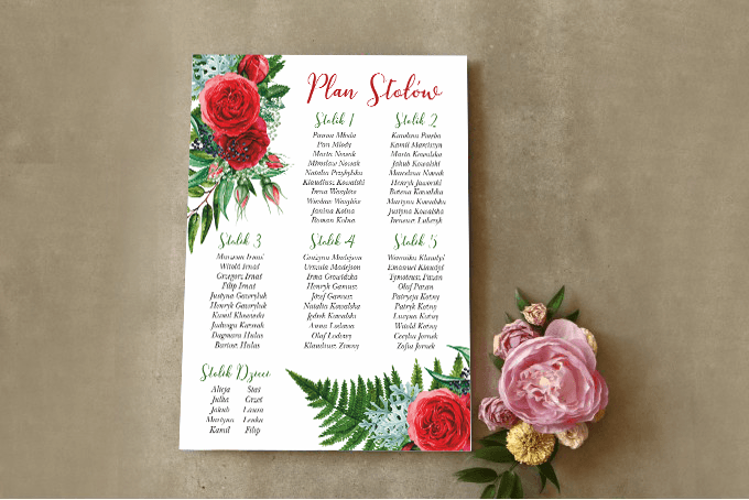 Eleganter Sitzplan mit roten Rosen und Farn | Poster für die Sitzordnung | Kollektion Cykade Nr. 2