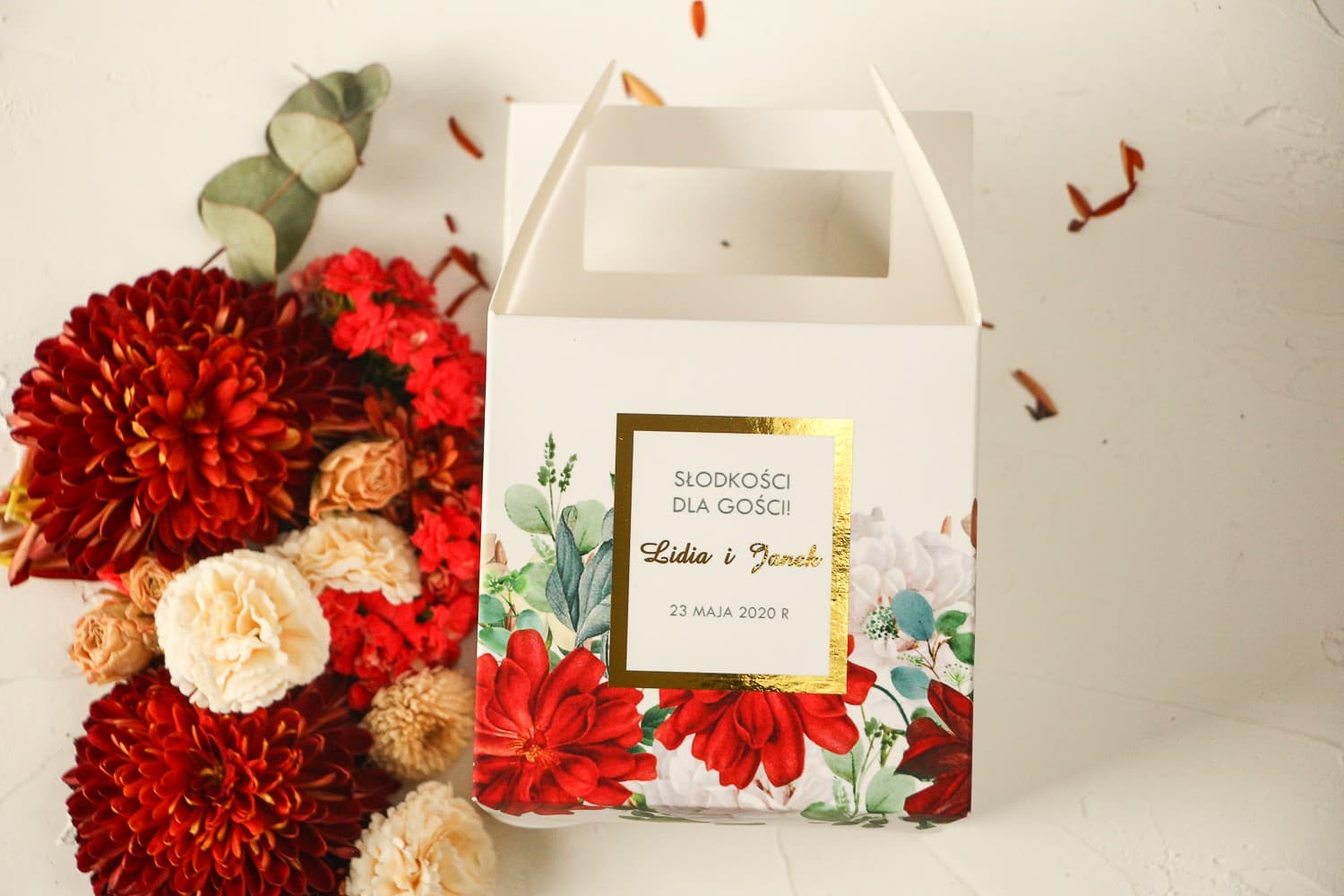 Gold Foiled Wedding Cake Box with Handle, Burgundy Roses | Elegant Wedding Favours | Avril No. 4