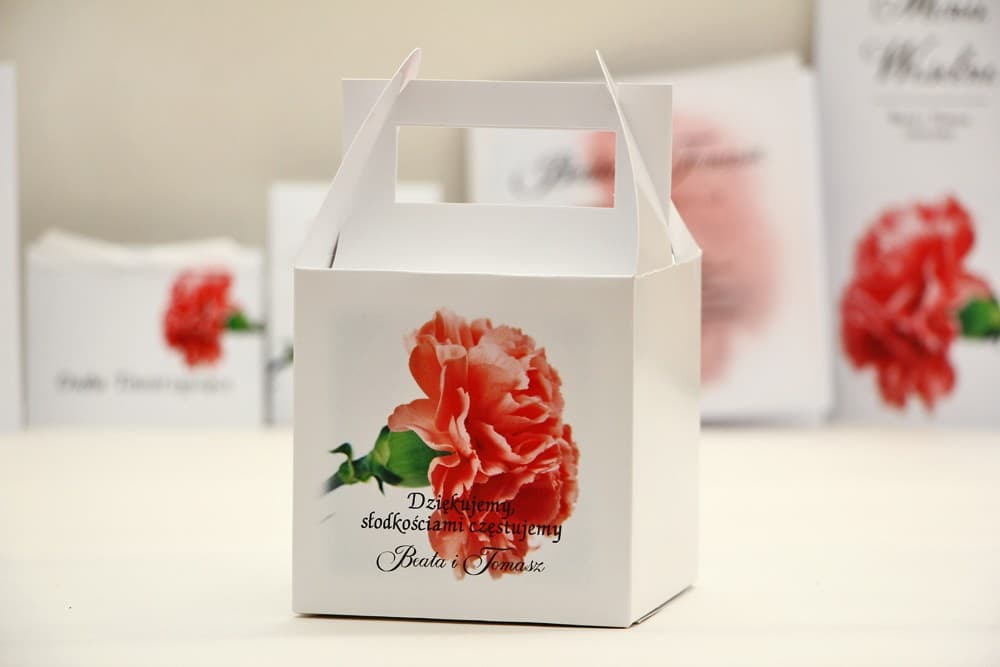 Personalised Square Wedding Cake Box with Handle and Pink Carnation Motif | Wedding Favours | Elegant No. 10