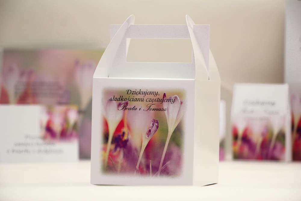 Personalized Square Wedding Cake Boxes Purple Crocuses | Sweet Treat Packaging | Elegant No. 24