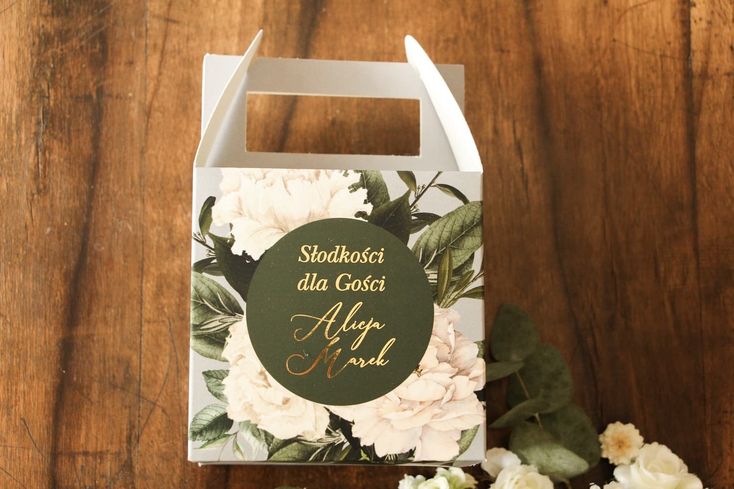 Gold Foiled Wedding Cake Box with Handle, Flowers | Elegant Guest Favours | Soreli No. 1