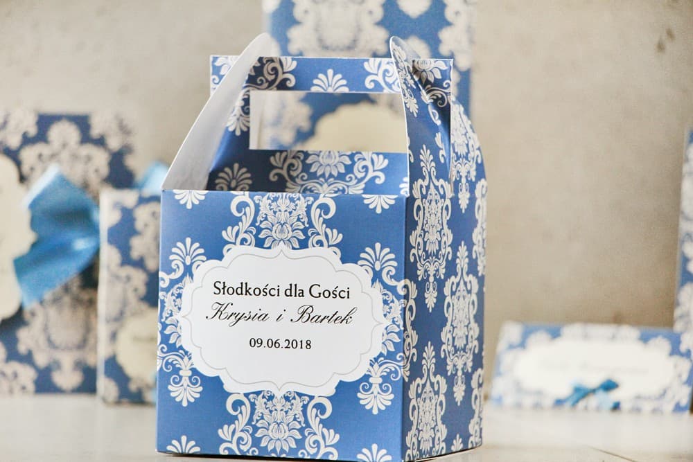 Square Wedding Cake Box with Handle and Personalization | Royal Blue Cake Boxes | Ornament Design 2