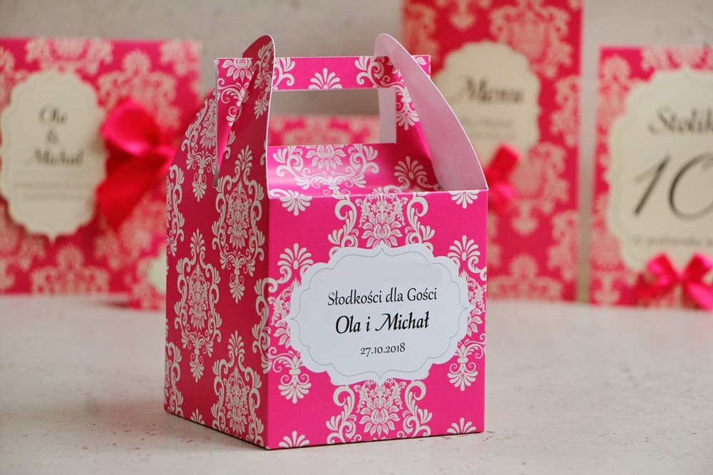 Personalised Wedding Cake Boxes with Handle in Amaranth | Elegant Guest Favours | Ornament Design 5