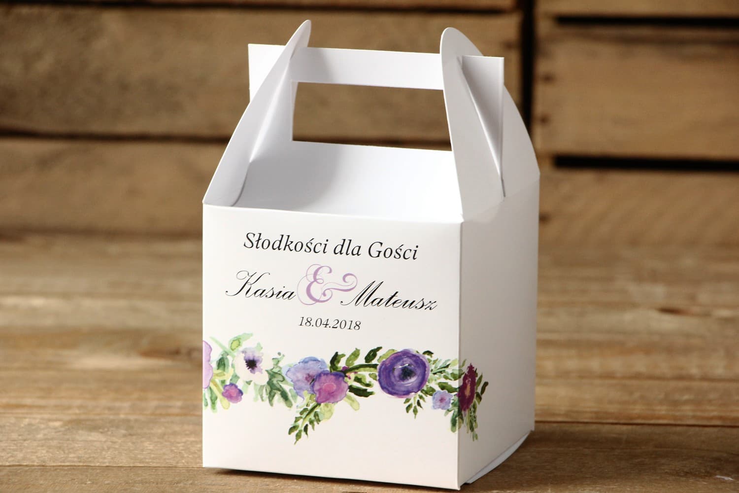 Purple Floral Wedding Cake Boxes | Personalised Square Packaging | Painted Flowers Design 14