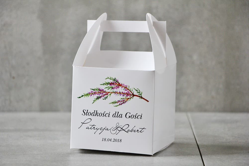 Personalised Wedding Cake Box with Handle and Heather Motif | Elegant Wedding Favours for Guests | Pistachio No. 22