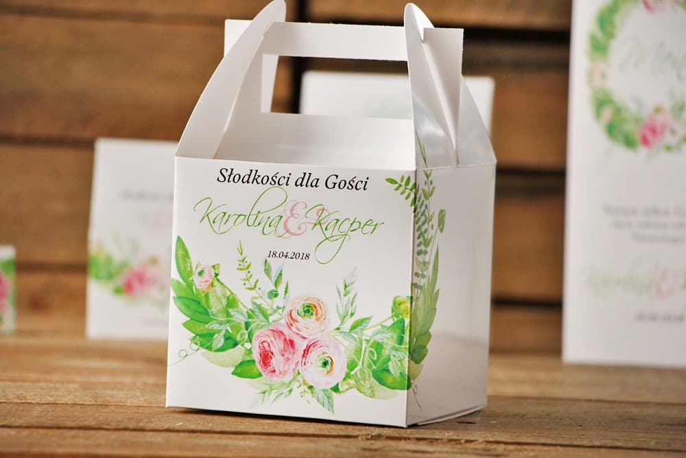 Square Wedding Cake Box with Handle, Pink Watercolor Flowers | Personalized Wedding Favours | Watercolors No. 22