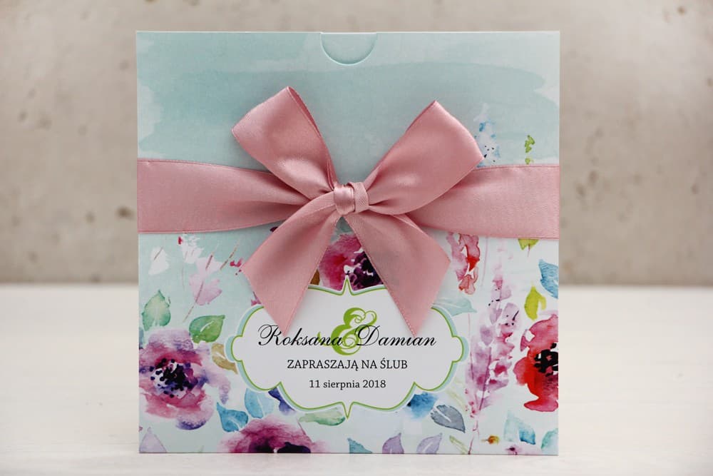 Square Wedding Invitations in a Sleeve with Watercolor Wildflowers – Felicja No. 17