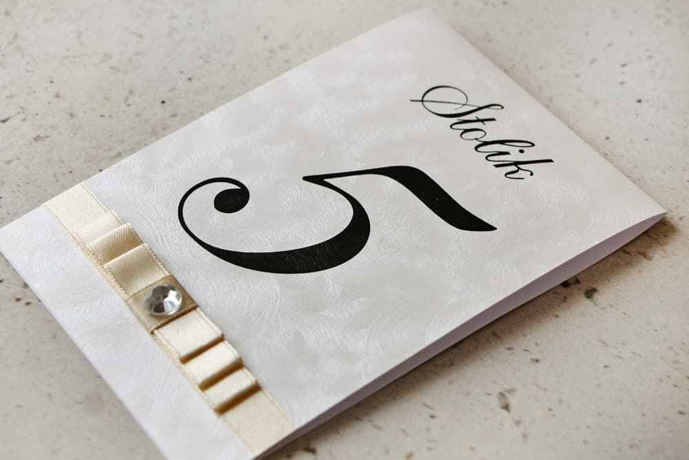 Elegant Wedding Table Numbers with Bow and Cubic Zirconia, Pearlescent Paper | Glamour Wedding Table Cards | Amaretto Design 1