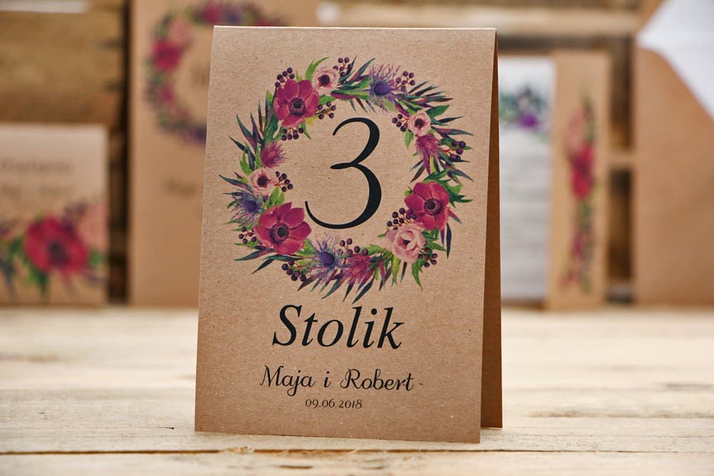 Purple Eco Table Numbers with Anemones | Forest Wedding Table Numbering | Forest Fruits No. 5