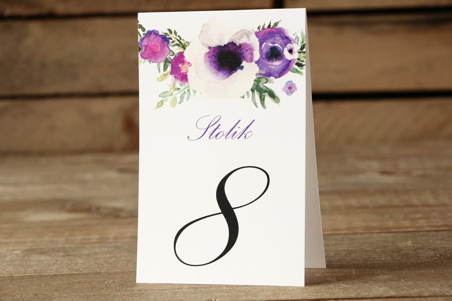 Purple Watercolor Flowers on Linen Paper | Wedding Table Numbers | Painted Flowers No. 14
