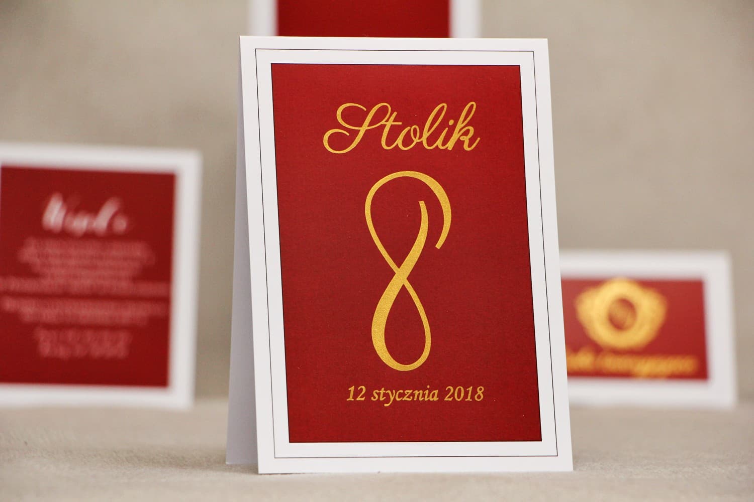 Elegant Wedding Table Numbers with Red Motif and Gold Gilding | Free-standing Table Cards | Sonata No. 3