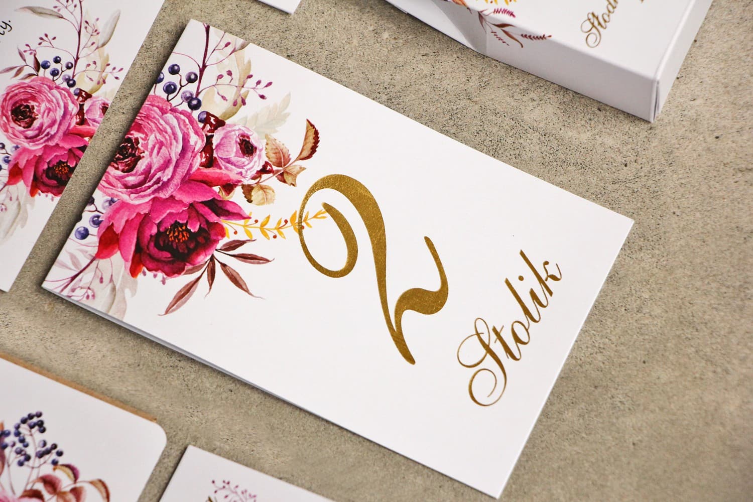 Gold Foiled Table Numbers with Fuchsia and Peonies | Glamour Wedding Table Numbers | Sorento No. 3