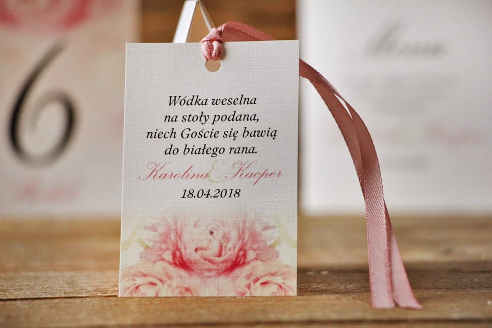 Talloncino per bottiglia, liquore nuziale, matrimonio - Acquerello n. 9 - Peonie rosa