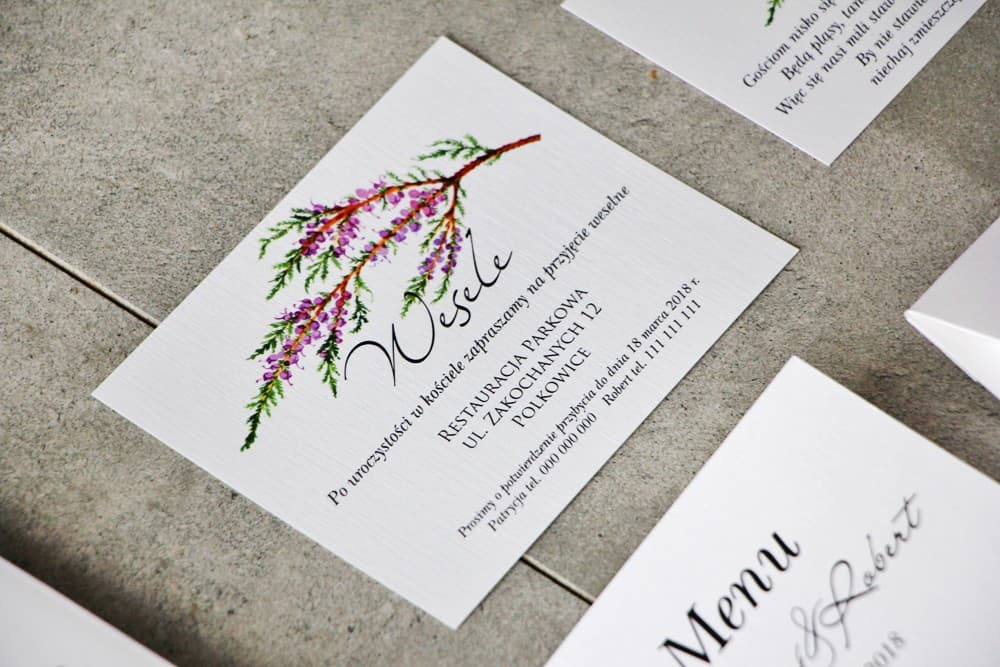 Tarjetas Adicionales para Invitaciones Brezo, RSVP, Deseos de Regalos | Motivo Violeta | Pistacjowe n.º 22