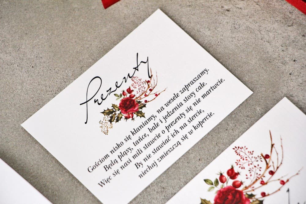 Tarjeta de Información para Invitaciones de Boda de Invierno con Rosas Rojas y Muérdago | Encarte Navideño | Pistacjowe nr 14