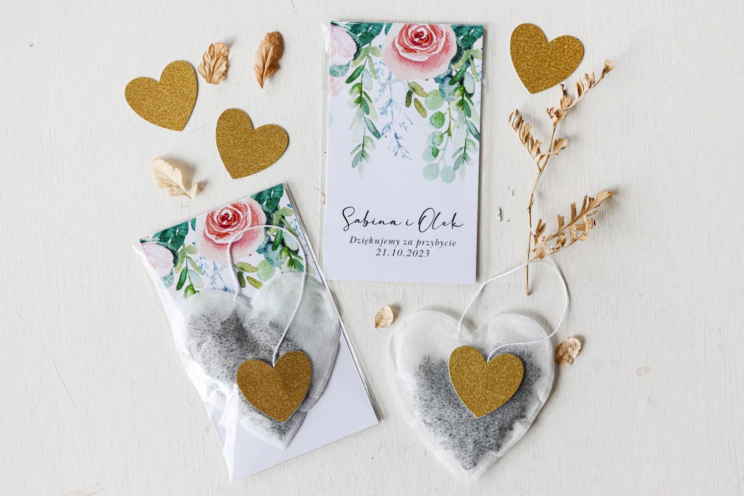 Té en bolsitas de corazón con motivo floral | Regalos para invitados de boda | Rubí n.º 2