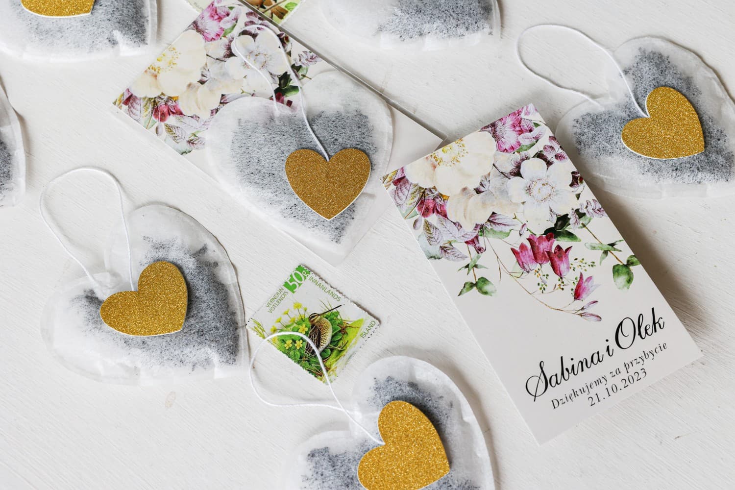 Sobre de té en forma de corazón diseño floral elegante | Amelia Wedding