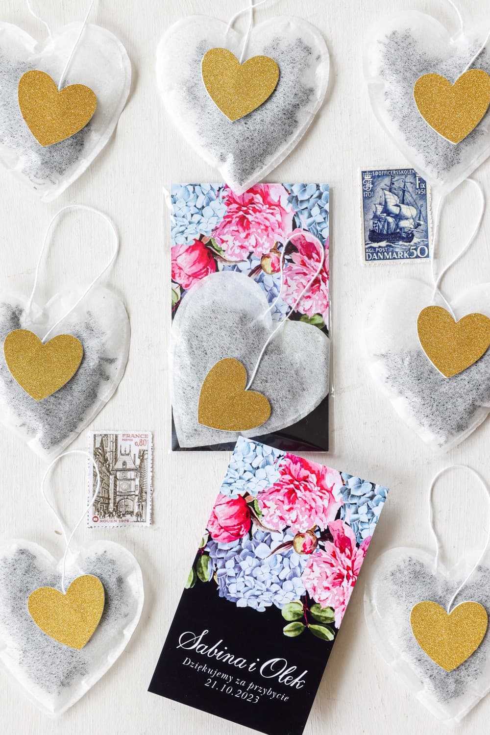 Tisana Cuore Ringraziamento, Fiori Peonie | Eleganti Regali per Ospiti Nuziali | Zaffiro n. 5