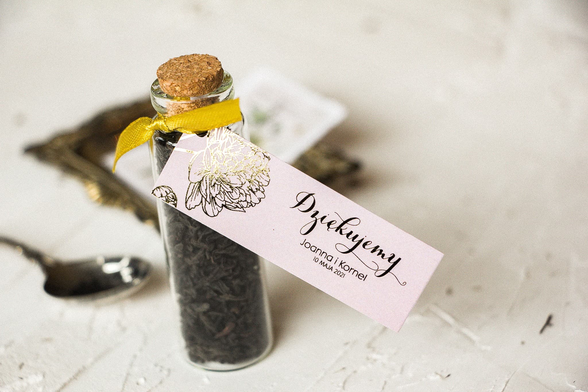 Pink Peony Gilded Tea Vial Wedding Favours | Design 4