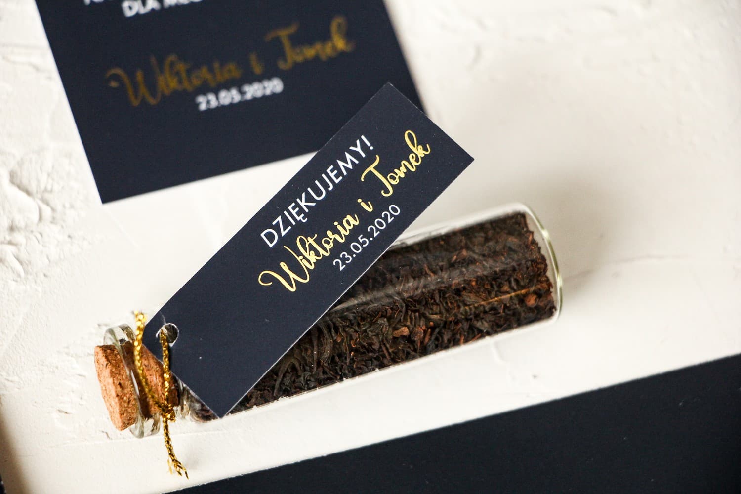 Tea in a Glass Bottle Wedding Favours, Navy Tag with Gold Foiling | Wedding Gifts | Emerald No. 1