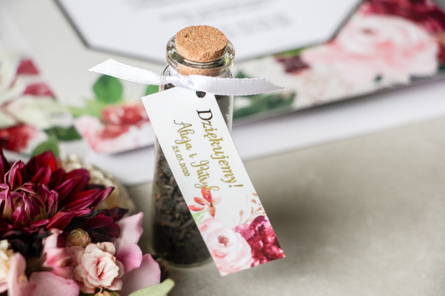 Tea Bottle Favour, Gold Foil Peony Tag | Wedding Favours | Lotus No. 2