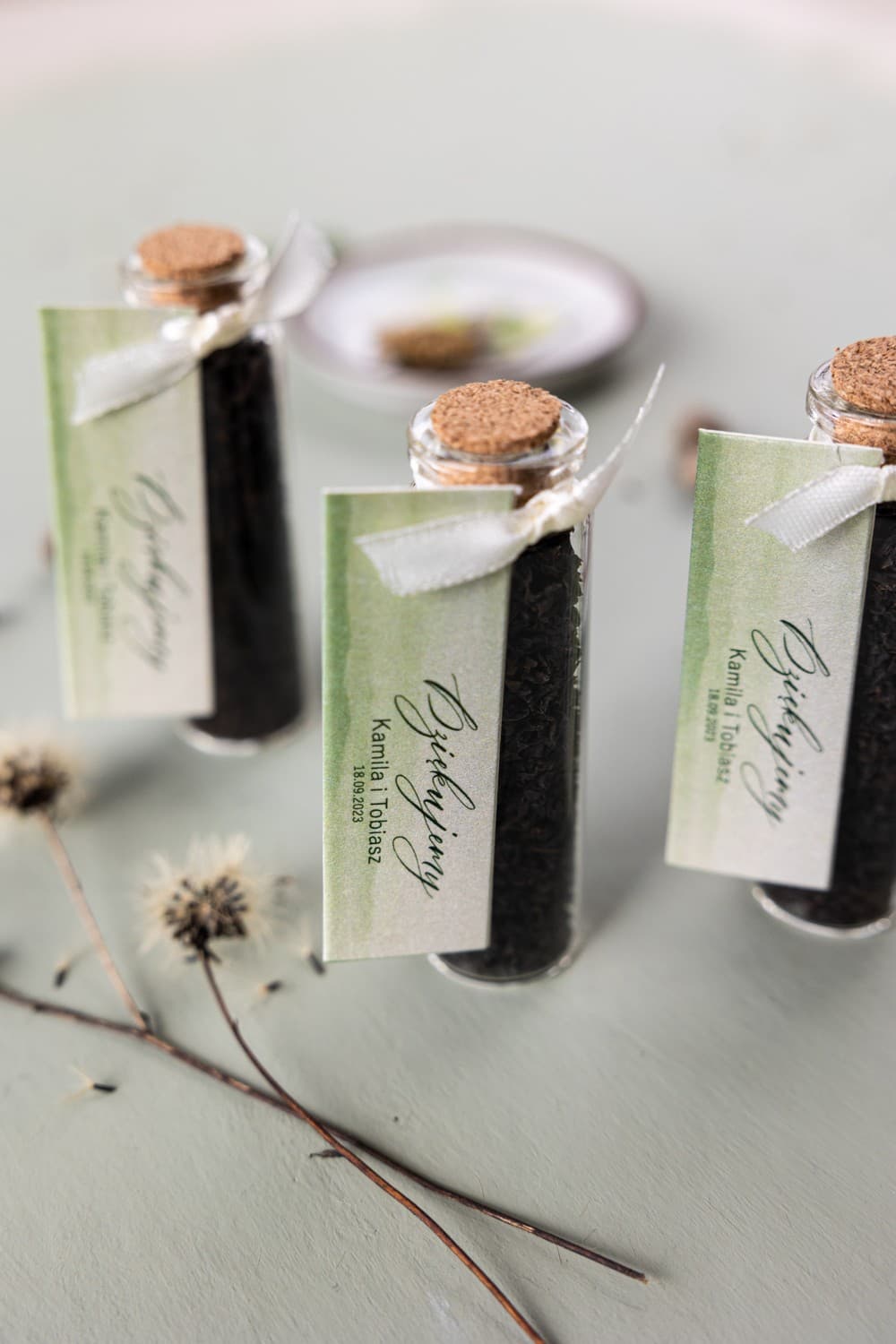 Tea in a Glass Bottle Wedding Favours | Elegant Wedding Table Gifts | Opal Design 11