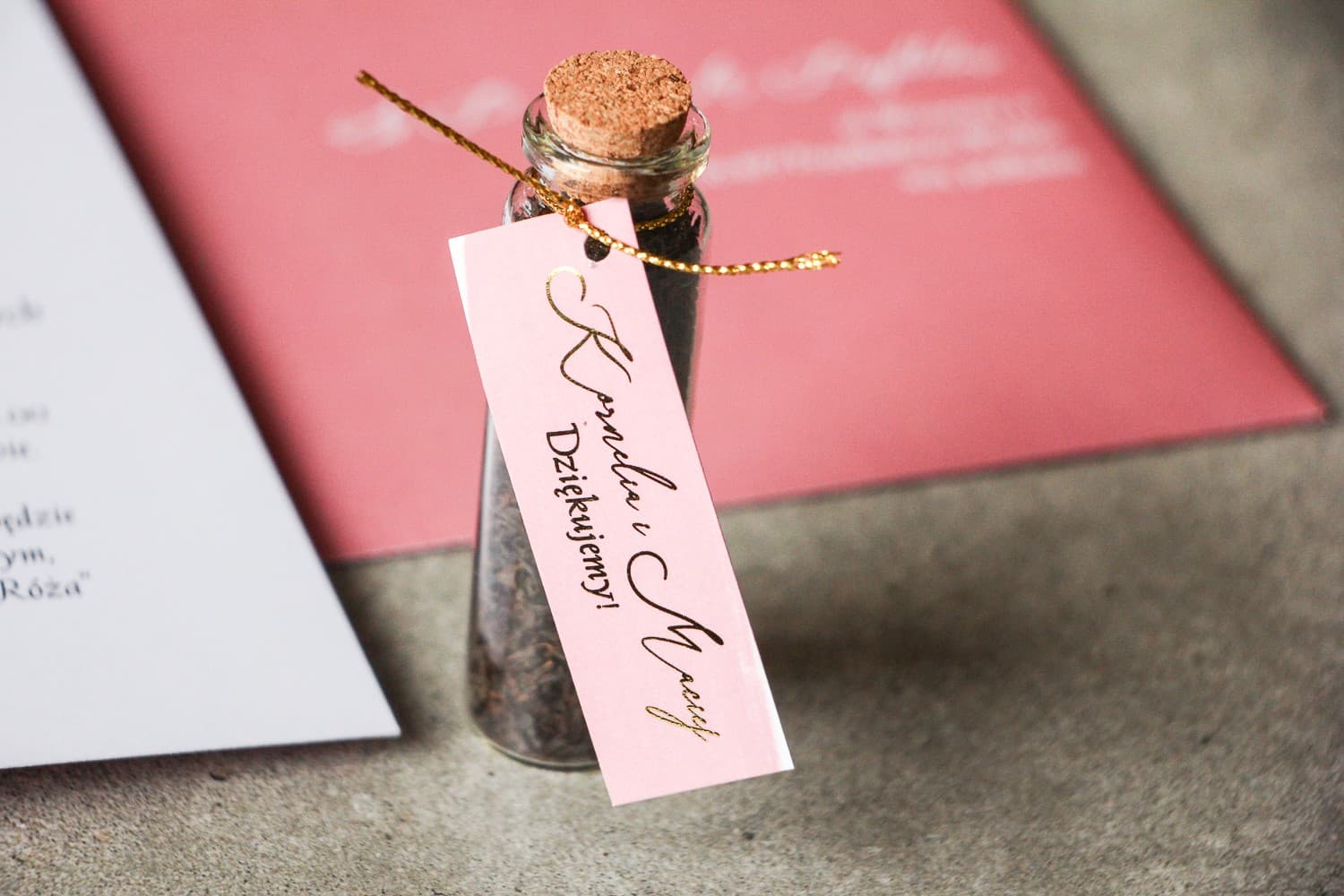 Tea Bottle with Pink Gilded Tag | Elegant Wedding Favours | Verte No. 2