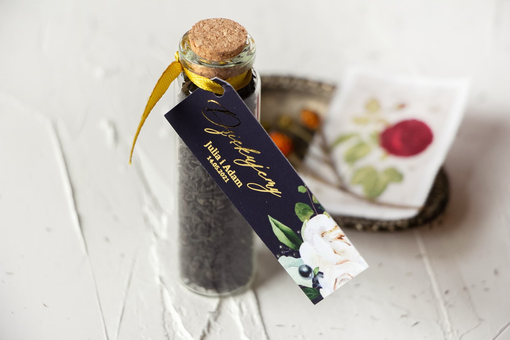 Wedding Favours Tea in a Bottle, Navy Blue Gilded Tag | Szafirowe No. 7
