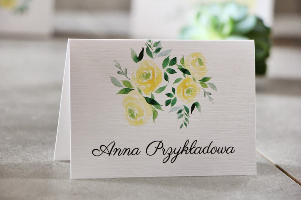 Tischkarten Hochzeit Pistacjowe Nr. 9 – Platzkarten mit Leinenstruktur und Aquarell-Rose