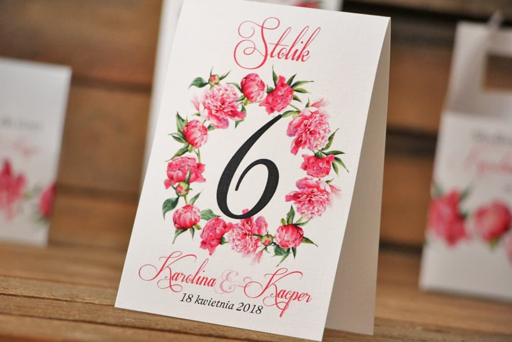 Aufstellbare Tischnummern zur Hochzeit Amarant-Pfingstrosen Aquarell | Elegante Tischnummerierung | Kollektion Akwarele Nr. 6