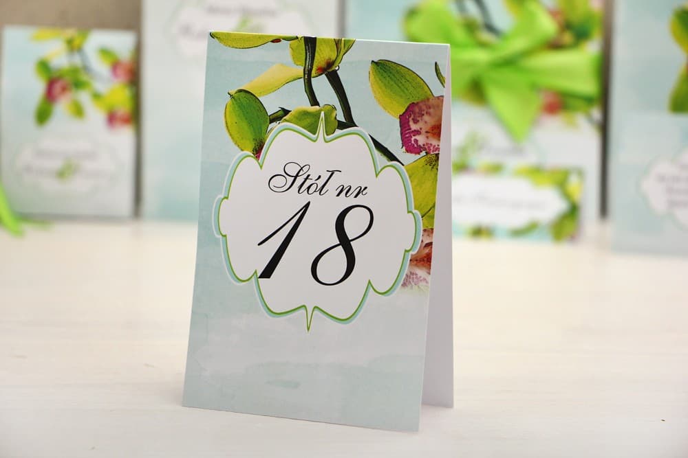Tischnummern Hochzeit Aufsteller Orchideen Aquarell, Intensives Grün und Rot | Elegante Tischnummerierung | Kollektion Felicja Nr. 20