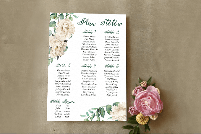 Hochzeitstischplan Poster mit Pfingstrosen und Eukalyptus | Botanischer Sitzplan | Cykade Nr. 15