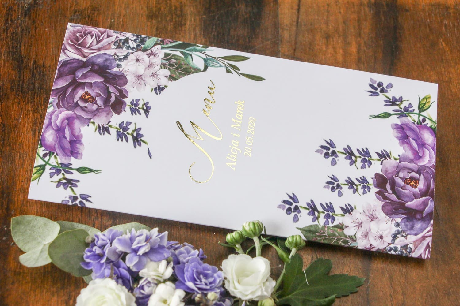 Gold Foiled Lavender Glamour Wedding Menu | Wedding Table Menu Card | Soreli No. 4