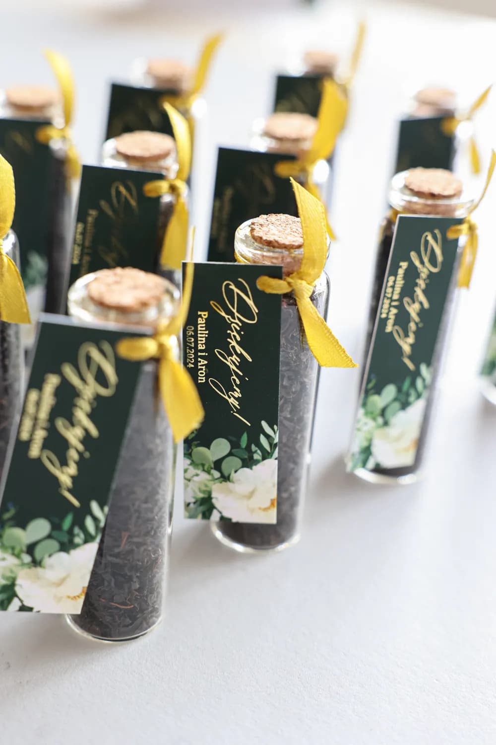 Té en Vial Detalle para Invitados Verde Botella Dorado | Regalos de Boda Originales | Szafirowe nº 6