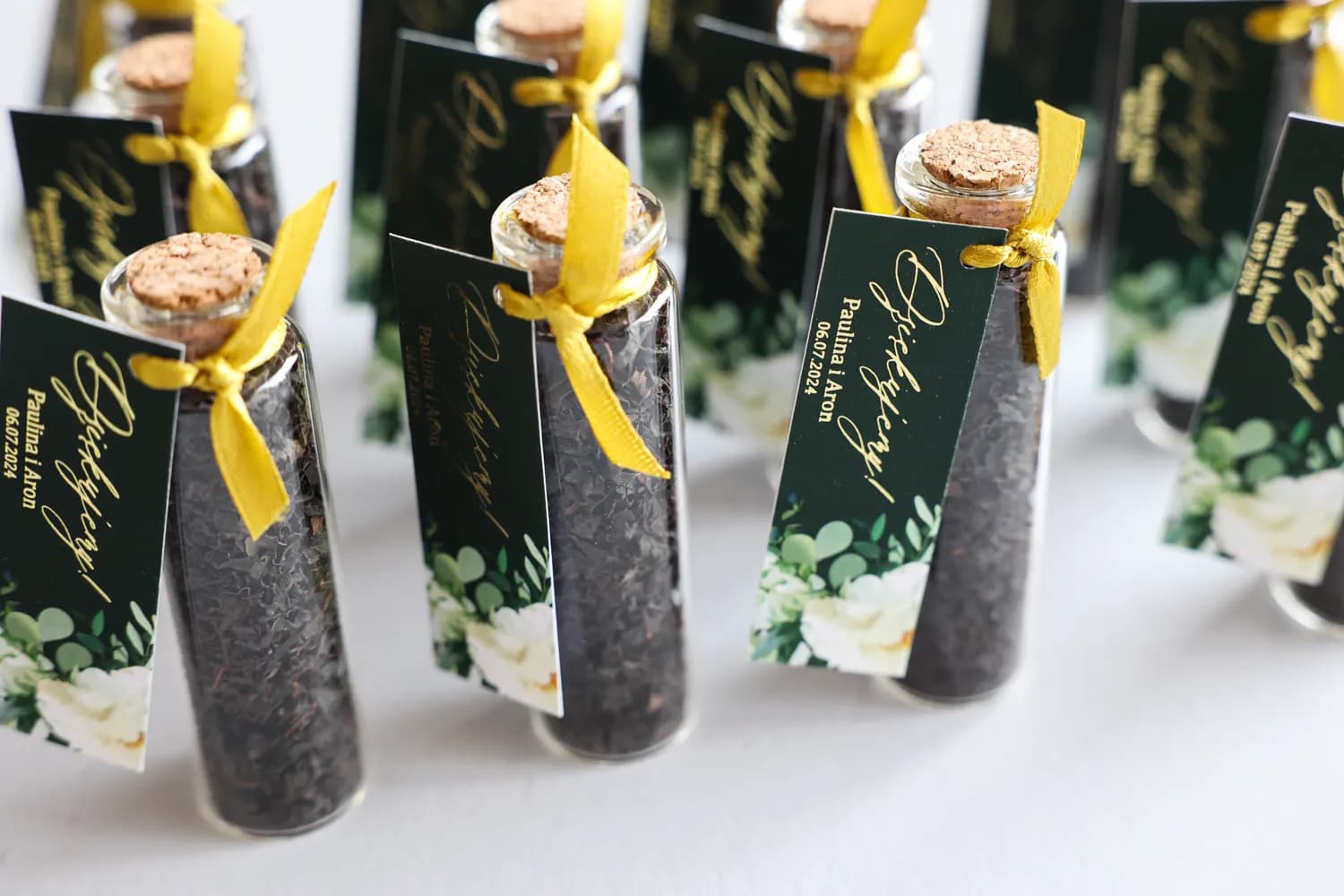 Viales de té personalizados para boda colección Szafirowe