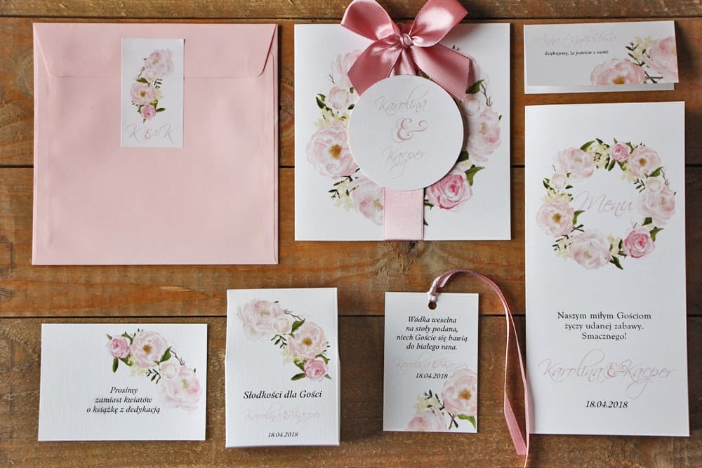 Watercolor Wedding Invitations with Pink Peonies and Bow on Linen Paper – Watercolor No. 8