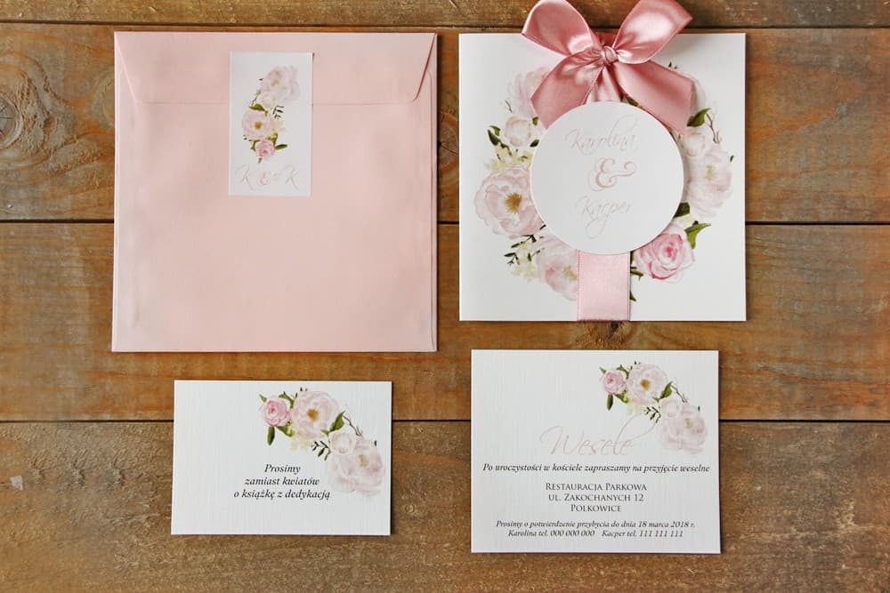 Watercolor Wedding Invitations with Pink Peonies and Bow on Linen Paper – Watercolor No. 8 - 2