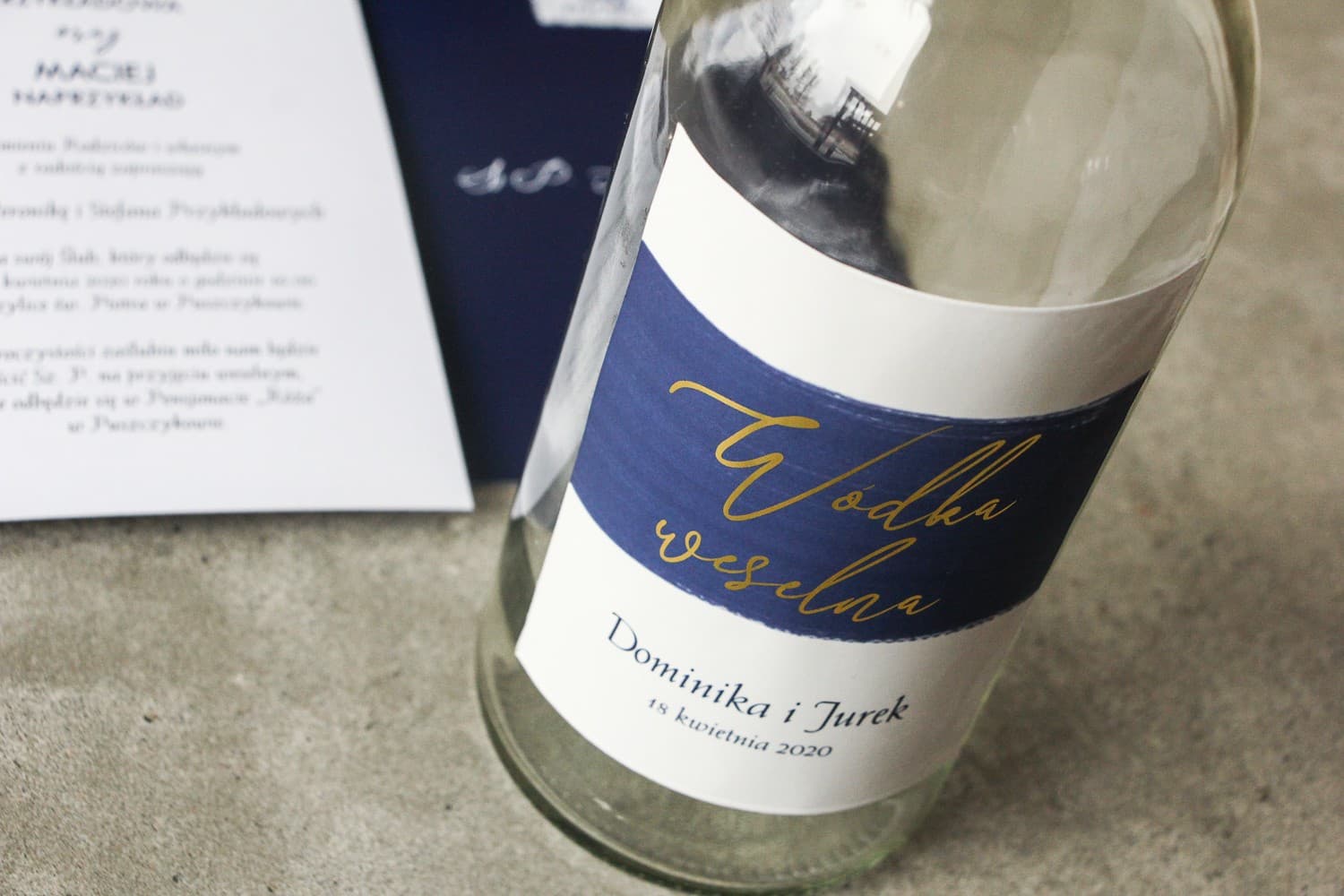 Gold Foiled Wedding Alcohol Labels, Navy Blue Watercolors | Personalized Wedding Vodka Stickers | Verte No. 3