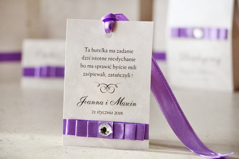Elegant Wedding Alcohol Tags with Triple Bow and Cubic Zirconia, Personalized | Wedding Vodka Tags | Amaretto No. 7